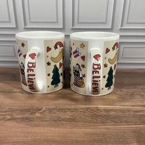 Alma Lynne Christmas Believe Holiday Santa Reindeer Coffee Tea Mugs Cup Set of 2
